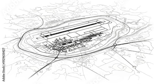 Bird's-eye view sketch of a sprawling airport complex with runways and terminals