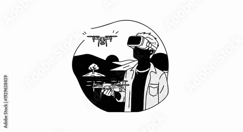 Person in VR headset controlling drones over a stylized landscape