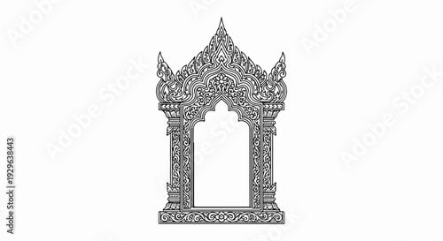 Intricate, arched entryway with ornate, detailed patterns and decorative finials