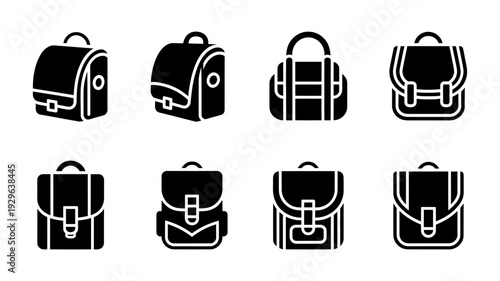 A diverse grid of eight black silhouette icons representing various school bags, briefcases, and satchels.