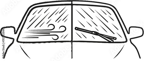 A sketched car windshield shows rain and wind effects, with a wiper