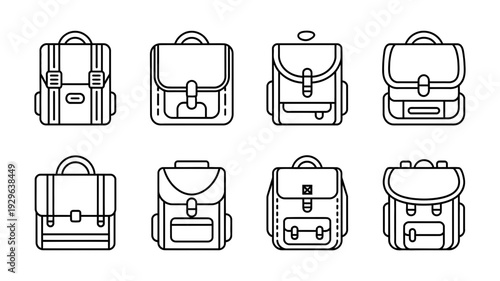 A collection of eight minimalist line art backpack icons representing various styles of satchels and school bags.