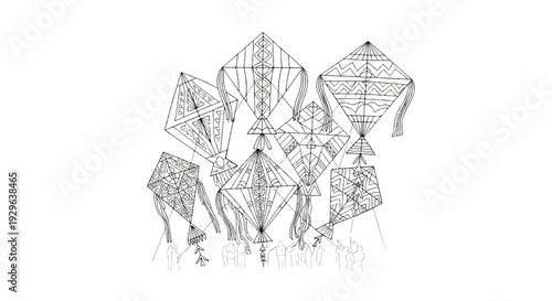A collection of intricately patterned kites are depicted floating against a white background