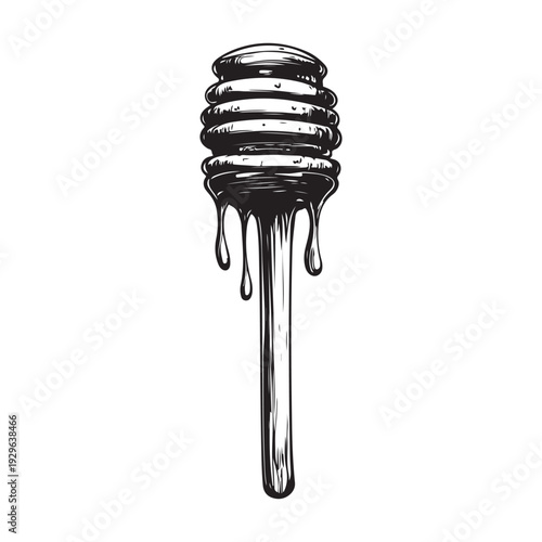 a honey dipper dripping sweet golden syrup into a pool below 