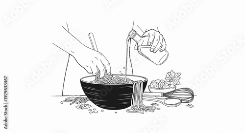 Hands tossing spaghetti in a bowl, with oil being poured