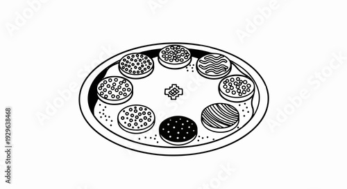 Round platter with eight distinct circular food items and a central decorative element