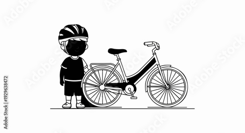 A cartoon boy in a helmet stands beside a bicycle