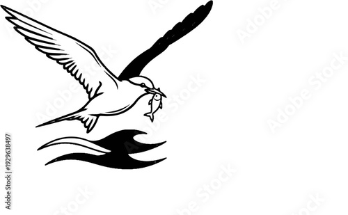 Bird flying with fish in its beak over stylized waves