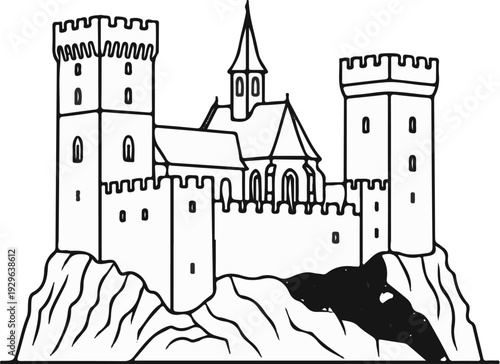 A black and white line drawing of a fortified castle with towers on a rocky outcrop