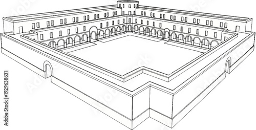 Detailed architectural sketch of a rectangular courtyard building with a central tower