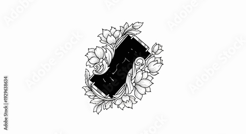 Ornate black rectangle with swirling floral design and faint scribbled markings