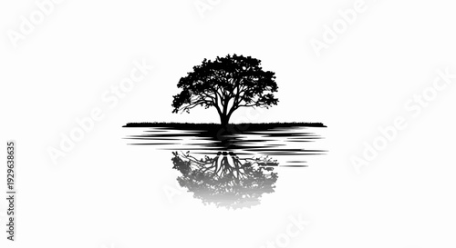 Silhouette of a large tree with its reflection on a horizontal rippling surface