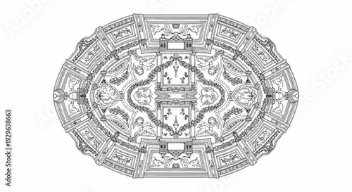 Intricate baroque style ceiling design with cherubs, floral garlands, and architectural elements