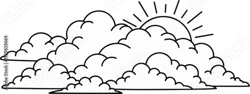 Stylized line art of fluffy clouds partially obscuring a radiant sun