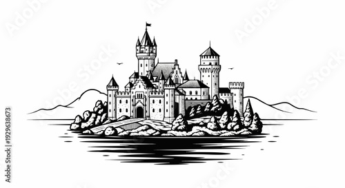 A detailed ink drawing of a medieval castle with towers, perched on rocks beside a body of water