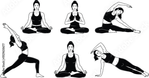 Woman practicing yoga poses set, meditation and stretching workout routine, healthy lifestyle fitness illustration isolated on white background