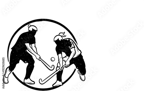 Two players in athletic attire engage in a field hockey game, one striking a ball