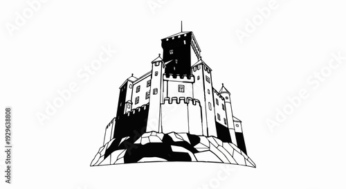 A stark, stylized black and white illustration of a large medieval castle perched on rocky terrain