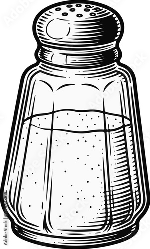 Vintage glass salt shaker with a metal lid, filled with salt granules