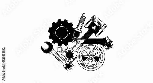 A stylized collection of engine parts, including gears, pistons, and wrenches