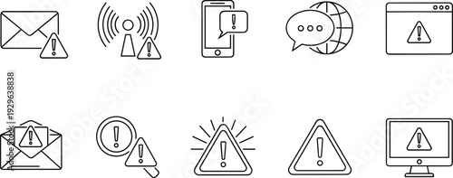 Warning Alert Icon Set Email Signal Mobile Web Error Notification Outline Vector Collection