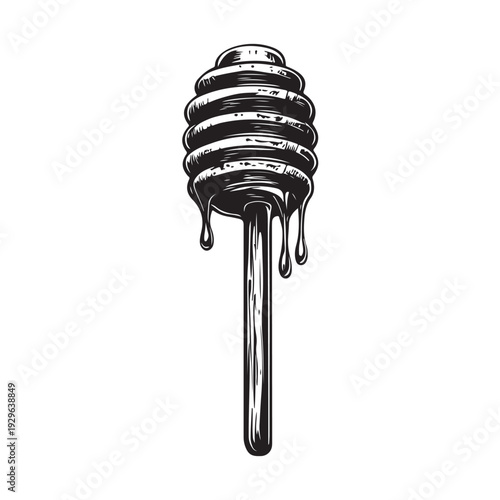 a honey dipper dripping sweet golden syrup into a pool below 