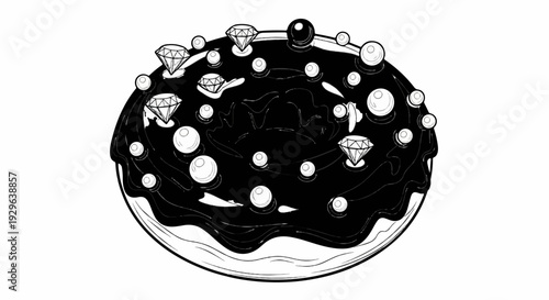 A black and white illustration of a donut with dripping glaze, adorned with pearls and diamonds