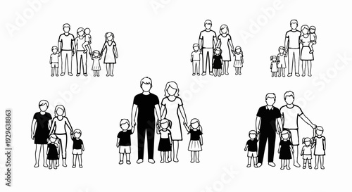 Stylized black and white line art depictions of diverse family units with varying numbers of children