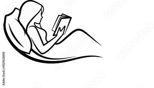 Minimalist line art of a woman engrossed in reading a book while reclined