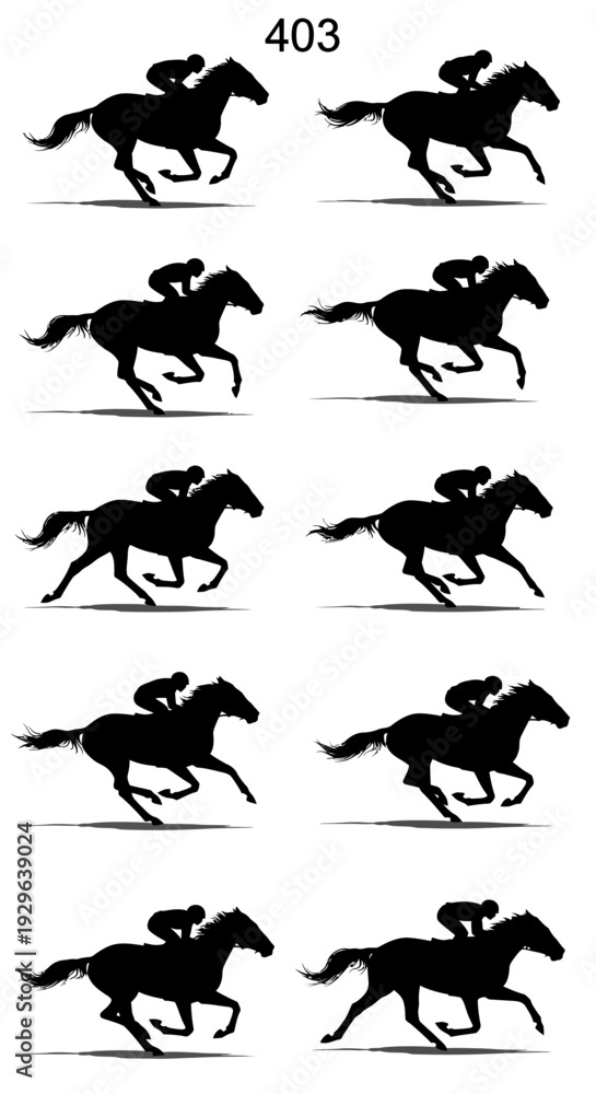 Fototapeta premium Set of 10 running horse and jockey silhouettes vector