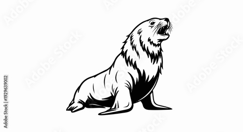 A bold graphic illustration of a seal with its mouth open, roaring