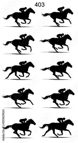 Set of 10 running horse and jockey silhouettes vector