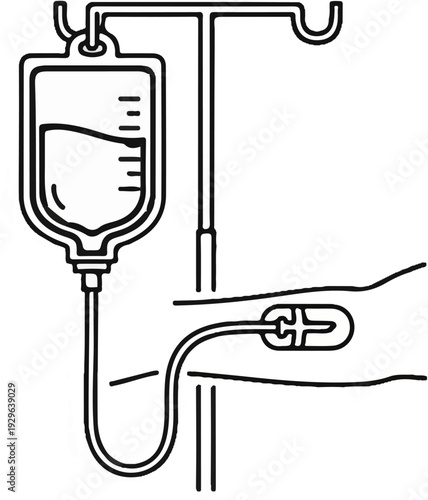 Medical drip bag and tubing connected to an arm for fluid infusion