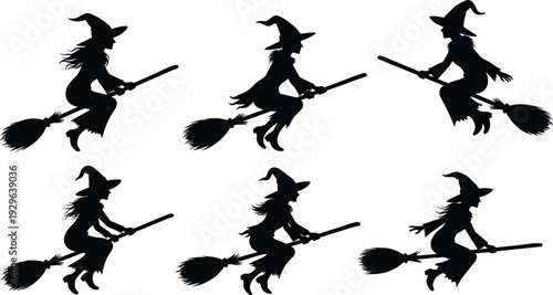 Black silhouettes of witches flying on broomsticks white background