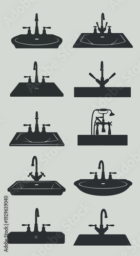Set of 10 Bathroom Sink and Faucet Silhouettes Vector
