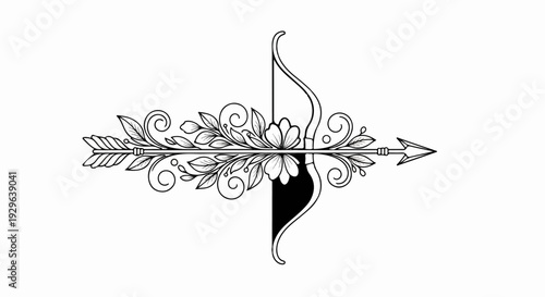 Ornate bow and arrow framed by scrolling leaves and flowers