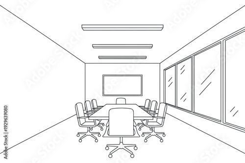 Empty Conference Room with Table and Chairs Boardroom Meeting Space Line Drawing Style