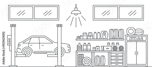 Car on Lift in Garage with Tires and Shelves Line Art Style