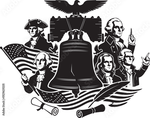 Founding fathers and liberty bell collage vector illustration american history line art