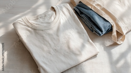 Flat lay of a cream-colored tee and denim in a reusable tote on a neutral surface