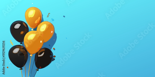A cluster of colorful balloons floats against a bright blue background