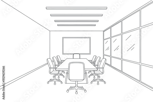Modern Conference Room Meeting Table with Chairs and Glass Wall Line Drawing