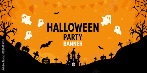 A festive halloween party banner with ghosts bats and a spooky castle