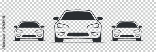 Three Cars Lined Up Front View Simple Line Art Icons.