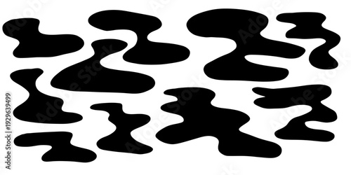 Black fluid puddle shapes with smooth wavy silhouettes and flowing liquid forms. Minimal vector splash set for backgrounds frames stains and modern graphic use