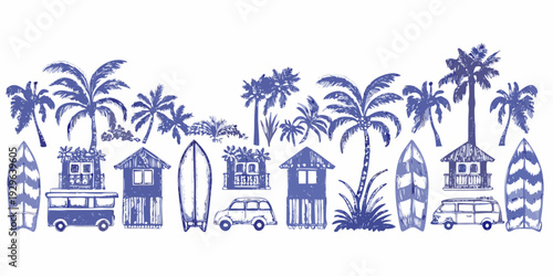 Tropical beach scene with palm trees surfboards and vintage vehicles