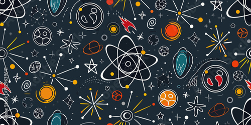 Retro atomic pattern featuring planets orbits and stylized scientific symbols