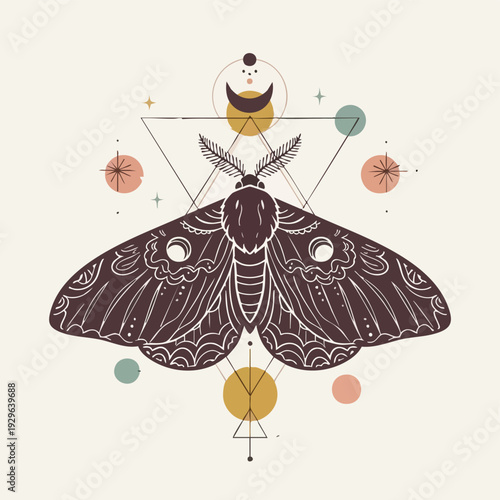 An intricate illustration of a butterfly with geometric shapes and celestial elements in a symmetrical composition