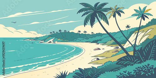 Peaceful tropical coastline vector illustration with palm trees and blue ocean scenery. Suitable for travel poster, tourism promotion and summer vacation background.
