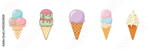 Ice cream cone vector set. Cute cartoon ice cream scoops with sprinkles and waffle cone, isolated on white background